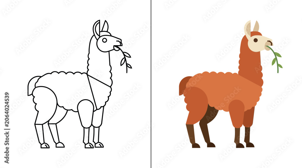Obraz premium Llama eating leaf geometric line and flat illustration.