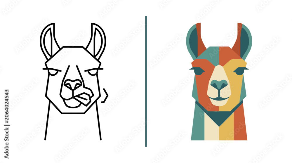 Fototapeta premium Llama face line art and colorful flat geometric portrait.