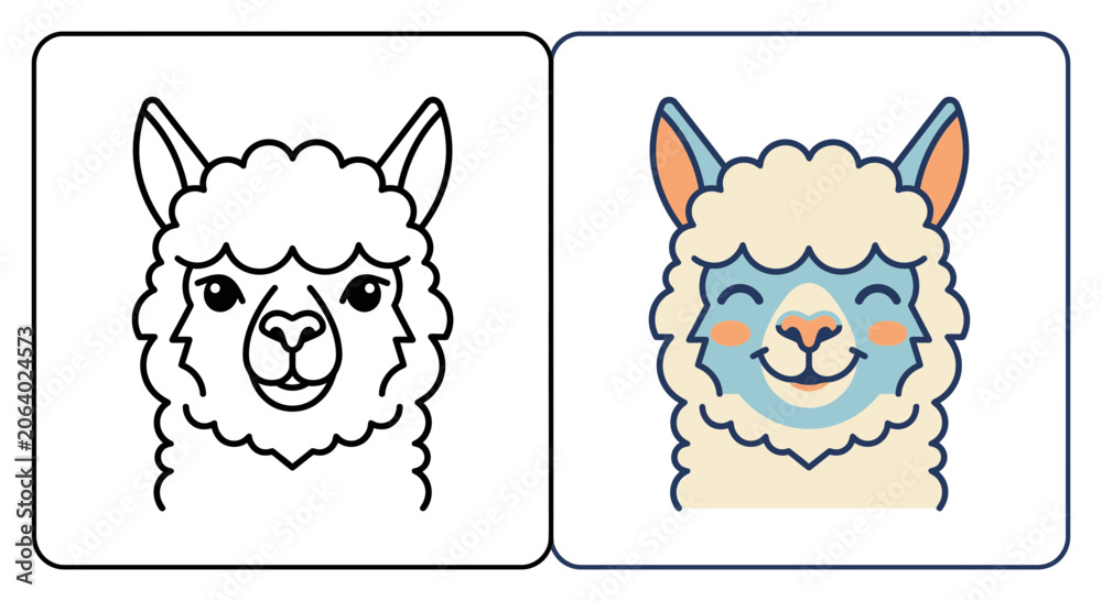 Fototapeta premium Llama face portraits in line art and colorful styles.