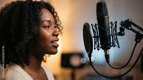 A professional African American woman recording a podcast in a modern studio. Young female vocalist with curly hair singing into a studio microphone passionately.