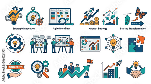 Business Growth Strategy Icons: Innovation, Planning, Startup, Teamwork, Success