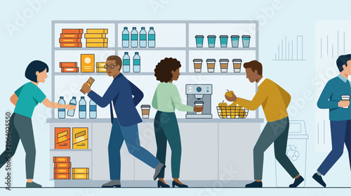 This dynamic flat design illustration shows a diverse office team swiftly grabbing snacks and drinks from a well-stocked pantry during a brief, efficient break before resuming work.