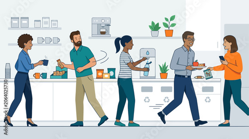 This dynamic flat design illustration shows a diverse office team swiftly grabbing snacks and drinks from a well-stocked pantry during a brief, efficient break before resuming work.