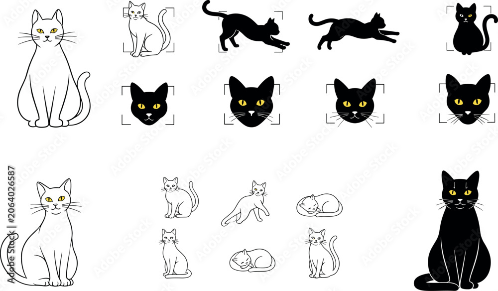 Obraz premium Black and White Cat Silhouette and Line Art Icon Set with Yellow Eyes for Halloween Minimalist Veterinary and Pet Brand Vector Designs