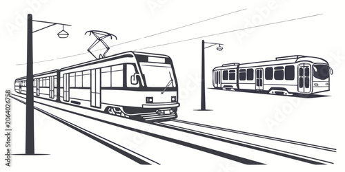 Bild auf Leinwand Modern light rail tram vehicle models on urban tracks with street lamps streetca