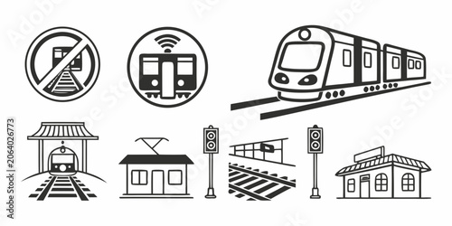 Fotografie Train station and railway navigation icon set for public transport signage with