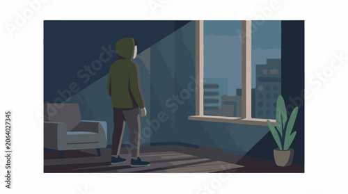 A person in a green hoodie stands by a window, looking outside