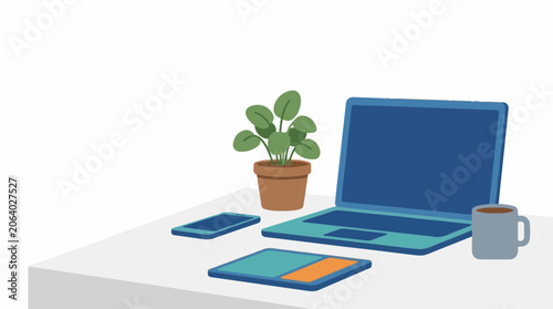 A serene workspace with laptop, tablet, smartphone, plant, and coffee mug