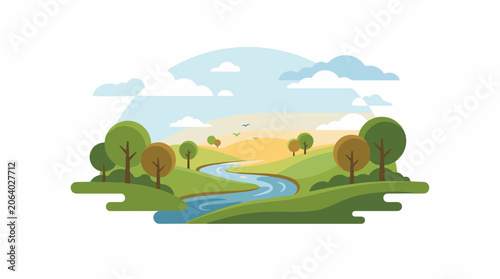 A serene landscape with a winding river, green hills, trees, and a cloudy sky