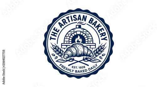 Vintage artisan bakery logo with croissant and stone oven