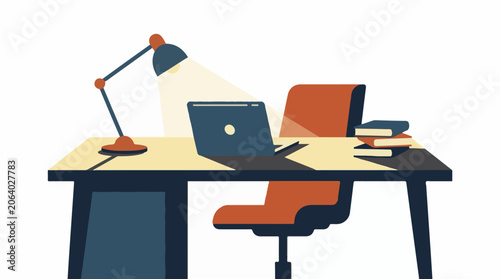 A simple office workspace with a desk, chair, laptop, books, and a lamp