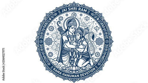 Foto Rama and hanuman devotional emblem with intricate mandala patterns