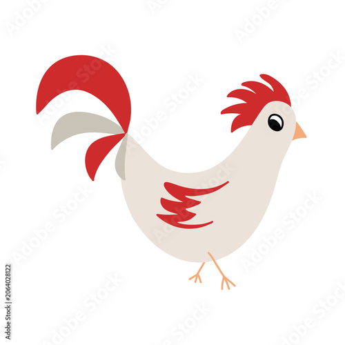 Funny white rooster character with red comb and tail isolated on a white background. Cute hand-drawn vector illustration in flat style for kids designs, nursery decor, stickers, and cards.