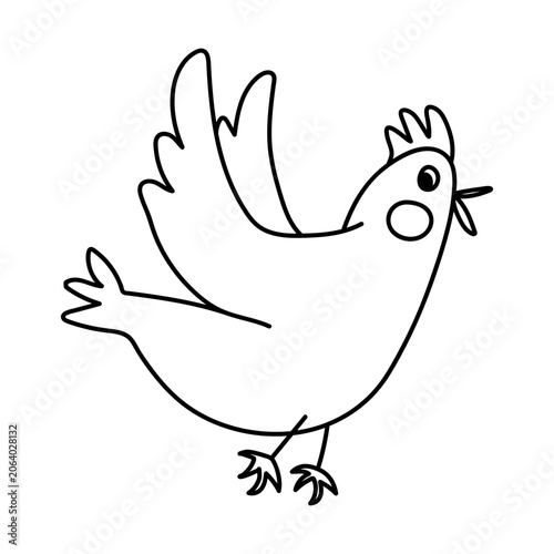 Funny cartoon chicken character isolated on a white background. Hand-drawn line art illustration in a simple minimalist doodle style for kids designs, farm themes, stickers, and coloring pages.