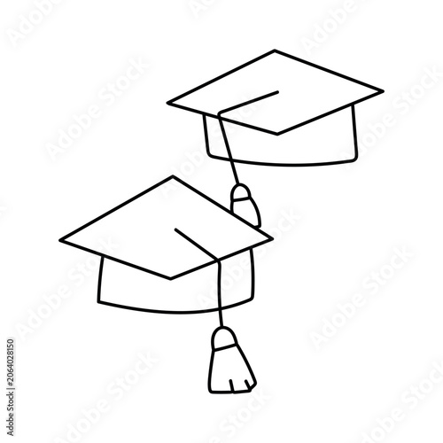 Academic graduation hats with tassels isolated on a white background. Hand-drawn line art illustration in a simple minimalist style for school, university, education designs, stickers, and icons.