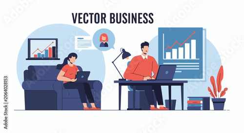 A vector illustration depicts two business colleagues working on laptops in a modern office