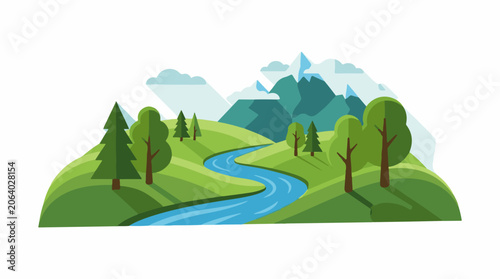 A winding river flows through a green valley with trees and mountains