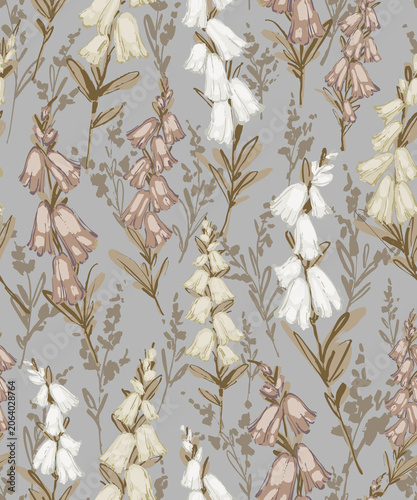 Seamless hand-painted floral pattern with soft beige, ivory, and dusty mauve bellflowers.