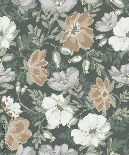 Sage and Taupe Botanical Wildflower Pattern