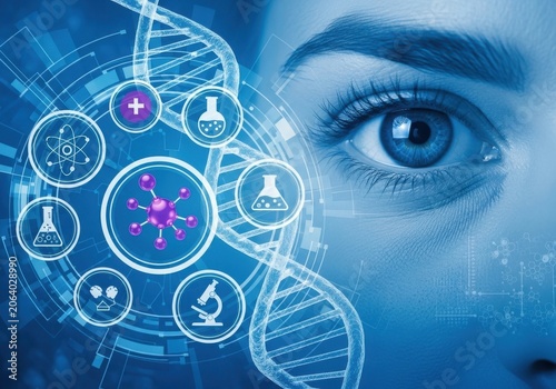Futuristic medical technology concept with dna strand, human eye, and scientific research icons in blue digital interface