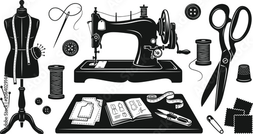 Fotografie sewing and tailoring elements black silhouette set featuring retro sewing machi