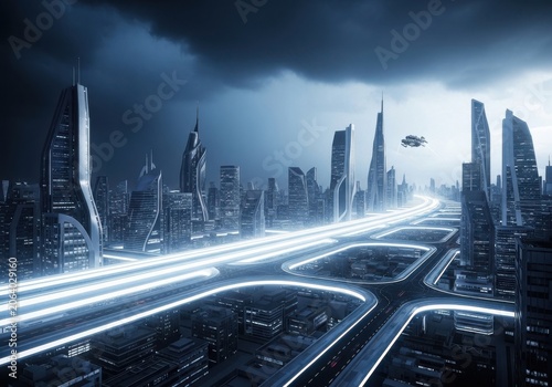Futuristic cyberpunk cityscape at night with glowing elevated highways and flying vehicles in a hightech metropolis under a dramatic stormy sky