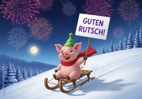 Cute cartoon pig sledding on snow with fireworks in the background and a sign saying guten rutsch for new year celebration
