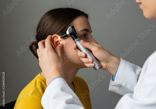 Doctor performing an ear examination on a patient using an otoscope in a clinical setting