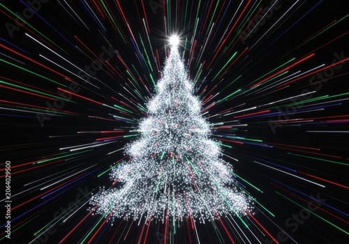 Abstract christmas tree made of glowing white lights with red and green light trails on a black background