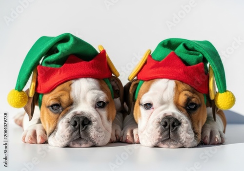Two adorable bulldog puppies wearing festive green and red elf hats isolated on white background