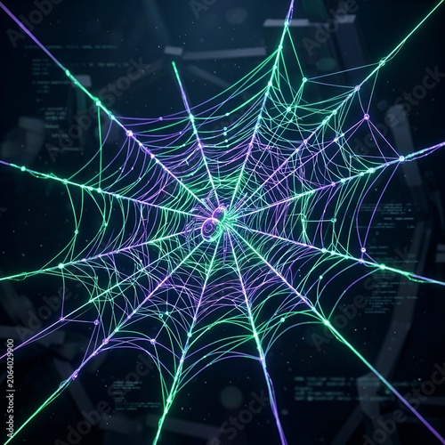 Abstract Digital Spider Web with Neon Glow and Data Stream Background