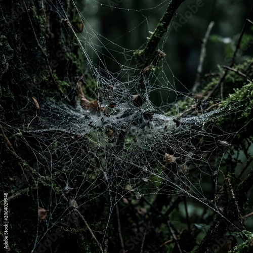 Dew drops on intricate spiderweb woven on mossy branches in dark forest