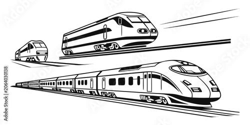 Foto Set of high-speed passenger trains moving on tracks illustration with transit sy