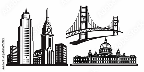 Εκτύπωση καμβά Set of iconic city landmarks including skyscrapers bridge and classical building