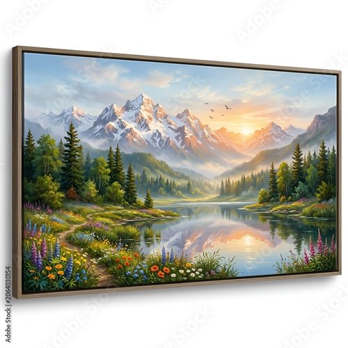 Serene Mountain Lake Landscape Painting at Sunrise with Wildflowers