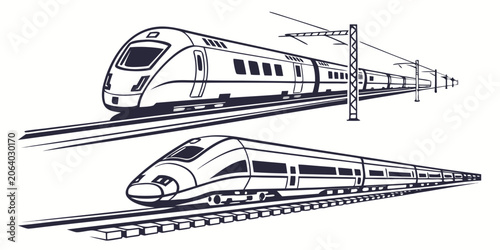 Valokuva Modern high-speed bullet trains on tracks vector graphic collection with transpo