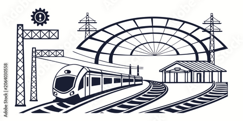 Foto Modern passenger train arriving at a station platform with power pylons and stru
