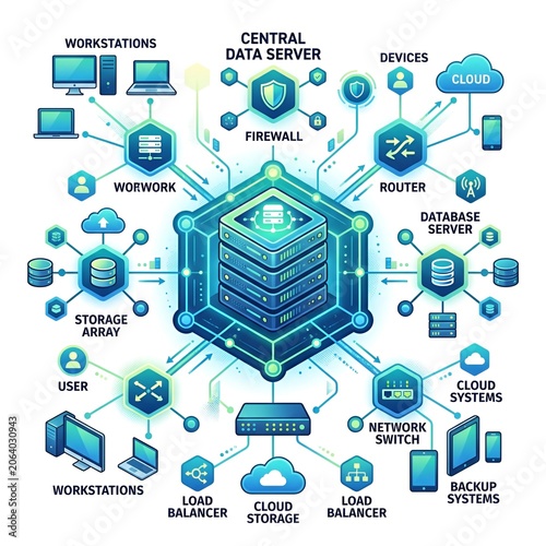 Network Infrastructure Diagram: Servers, Cloud, Workstations, Firewall, Router