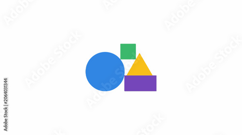 A blue circle, green square, yellow triangle, and purple rectangle stacked