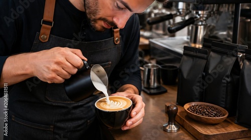 Male barista pours hot milk from a metal pitcher to make latte art at a coffee shop.