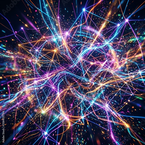 Abstract Network of Glowing Neon Lines and Particles, Digital Connection