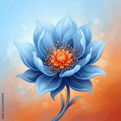 Vibrant Blue Flower with Orange Center, Digital Art, Soft Bokeh Background