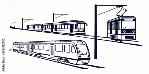 Photos Set of modern electric trains and trams in black and white line art style with t