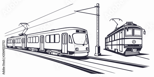Photos Graphic illustration of modern and vintage streetcars on railway lines with over