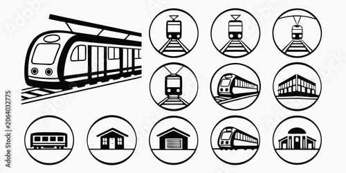 Fotografie Set of transportation icons featuring trains and station buildings in circles tr