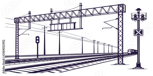 Tableau sur toile Railway scene with overhead catenary gantry and signal lamp on a track leading t