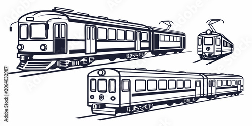 Obraz na plátně Modern electric commuter trains outline graphic set with transport mode mass tra