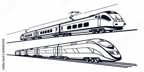 Foto Dynamic high-speed passenger train vector illustrations set with locomotive tran