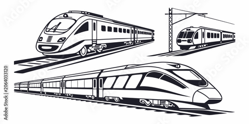 Photos Collection of modern passenger train silhouettes on railway tracks with high spe