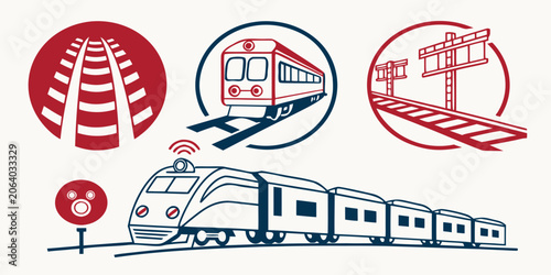 Schilderij op canvas Graphic set of train transport icons with rails and signal symbols in red and bl